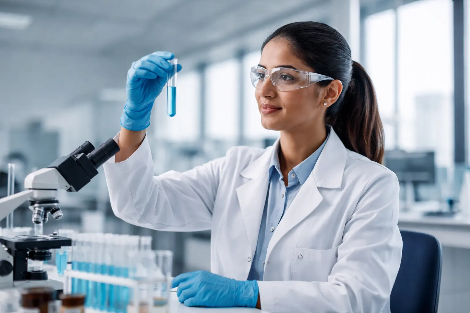 Researcher using microscope in clinical laboratory